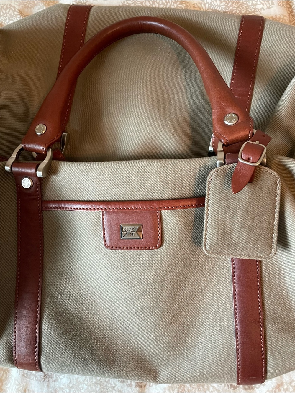Cutter & Buck Beige Canvas Duffel with Brown Leather Trim